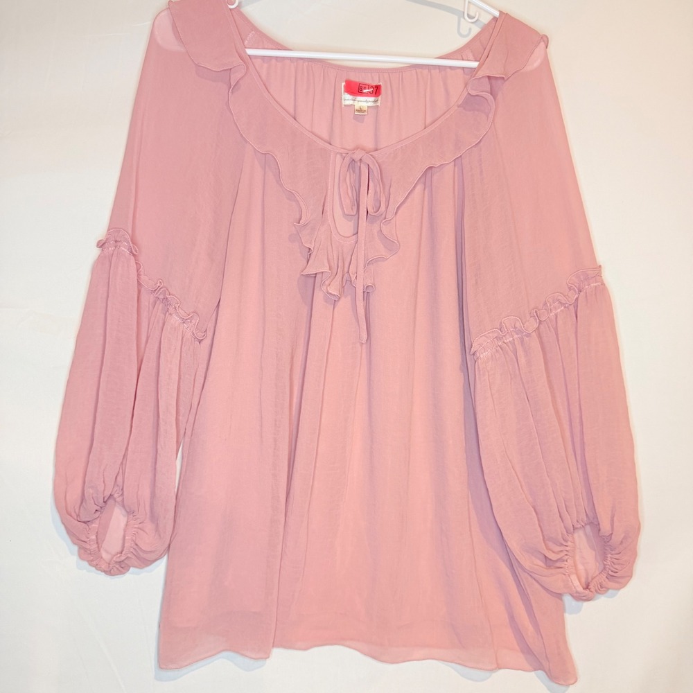 MSSP Max Studio Pink Ruffle Neck Balloon Sleeve Boho Chiffon Blouse Large